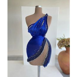 BLAUWE 3D Bloemen Appliques Vestidos de One Shoulder Gala Verwijderbare bladermouw Short Prom -jurk voor thuiskomst voor verjaardagsfeestje YD