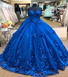 BLAUWE 3D Royal Floral Flowers Ball Jurk Quinceanera Prom Dresses Pearls Sweetheart Princess Evening Formele jurken Sweet 16 Vestidos de S