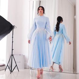 Blauwe A-lijn O-halslijn prom jurkt enkellengte puffy mouw eving party jurk kraal lovertjes pailletten Arabisch Dubai robe de soiree 326