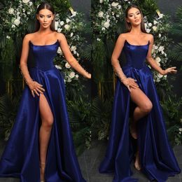 Blauw een marine lijn prom jurk strapless bot bodice avond elegante dij split satijnen formele jurken voor vrouwen Es