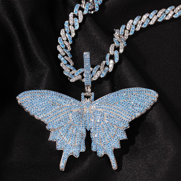 Bleu AAA + Cubic Zirconia Pave Bling Ice Out Papillon Pendentifs Colliers Tennis Chaîne Cubaine pour Hommes Femmes Hip Hop Rappeur Bijoux