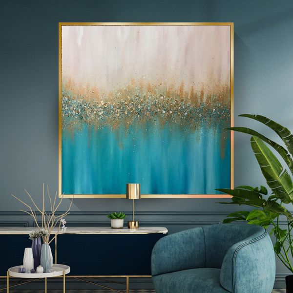 Pintura en lienzo de arte abstracto azul, carteles e impresiones de Color dorado para pared de salón, pinturas decorativas modernas