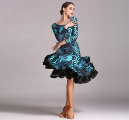 Blue Adult Girl Latin Dance Robe Salsa Tango Chacha Ballroom Competition Dance Robe sexy sans bretelles Léopard à manches longues 188M4924645