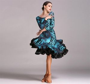 Blue Adult Girl Latin Dance Dress Salsa Tango Chacha Ballroom Competition Dance Dance Dance Disten Strapsless Leopard Long Manga Vestido188m4924645
