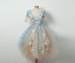 Robes de retour en tulle bleu et champagne avec applique de fleur moitié voir à la manche irrégulière sans dos gril039s robe courte5451708