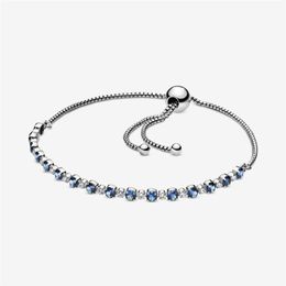 Blauwe en heldere Sparkle Slider Link-armband 100% 925 sterling zilver Verstelbare Cubic Zirconia-ketting voor damesmode bruiloft Eng2720