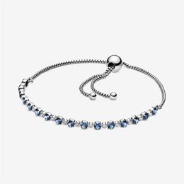 Blauw en helder Sparkle Slider Link Armband 100% 925 Sterling Zilver Verstelbare Zirconia Ketting voor Dames Mode Bruiloft Eng2018