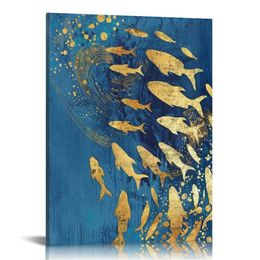 Art mural photo de poisson bleu et doré sur toile, 16x20 pouces abstraits giclés imprimés décor mural pour la maison, l'hôtel et le bureau