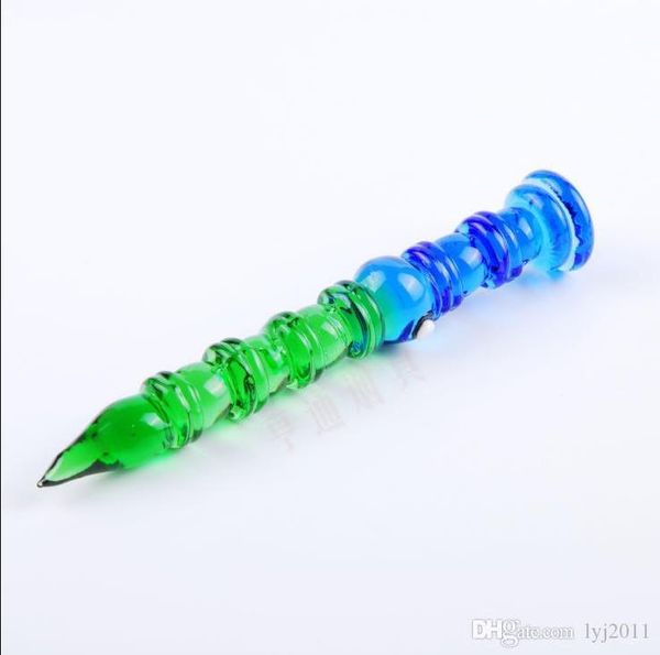 Verre de stylo de limace de bambou bleu et vert Bangs en verre en gros Brûleur à mazout Pipe à eau en verre Plates-formes pétrolières