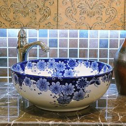 Azul y blanco China Lavabo hecho a mano Lavabo Lavabo de arte Lavabo de cerámica Lavabo de encimera Lavabos de baño fregadero encimera Krrja