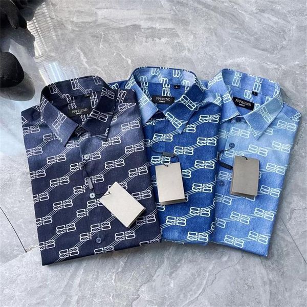 Bleu et blanc coton tricot hommes chemises de créateurs marque vêtements hommes à manches longues impression robe chemise haute qualité hauts 841699310x