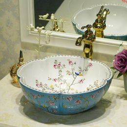 Lavabo de cerámica para baño Jingdezhen azul y blanco, lavabo sobre encimera, lavabo, tocador antiguo, flor, cantidad de pájaros buenos Nlqhe