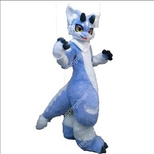 Costume de mascotte de chien Husky en fourrure longue bleue et blanche, tenue de personnage de dessin animé, tenue de fête fantaisie d'halloween et de noël, taille adulte, tenue d'extérieur d'anniversaire