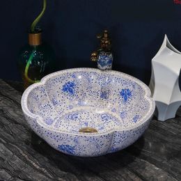 Lavabo en porcelaine bleu et blanc Chine vasque lavabo en céramique fait à la main Lavobo Round Countertop salle de bains en céramique sinkgood qty Xowlr