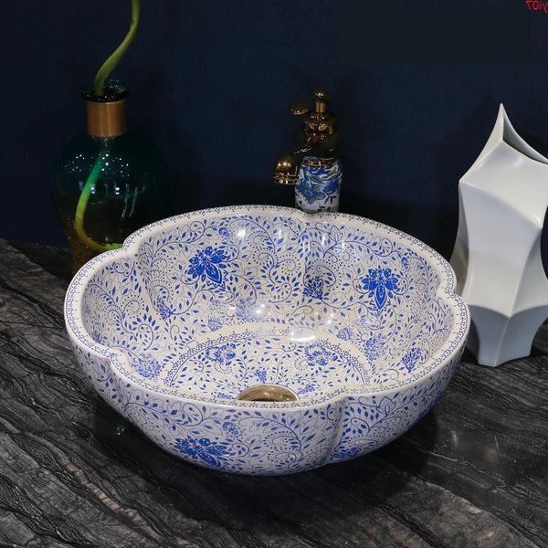 Lavabo en porcelaine bleu et blanc Chine vasque lavabo en céramique fait à la main Lavobo Round Countertop salle de bains en céramique sinkgood qty Uxhpj