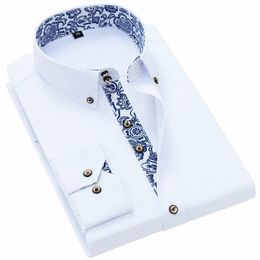 Chemise à col en porcelaine bleu et blanc pour hommes, manches Lg, coréen, slim, décontracté, Busin Dr, couleur unie, chemise blanche, Cott E0D5 #