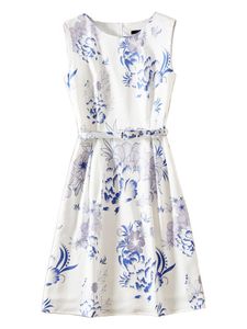 Robe A-ligne Femme Imprimé Fleur De Porcelaine Bleu Et Blanc Sans Manches Avec Ceinture Robes