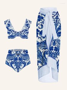 Blauwe en witte porselein printen Casual bikini set deksel voor vrouwen 2024
