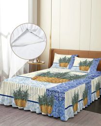 Texture en porcelaine bleue et blanche Jupe de lit d'ananas pour lit de lit ajusté avec taies d'oreiller Matelas Cover Litder Fell 240415