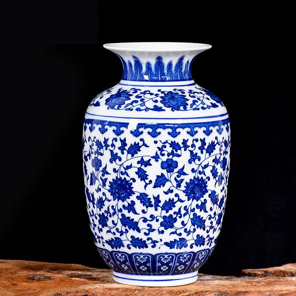 Vase en porcelaine bleu et blanc décoration salon arrangement de fleurs artisanat décoratif antique vases en céramique Jingdezhen 210310