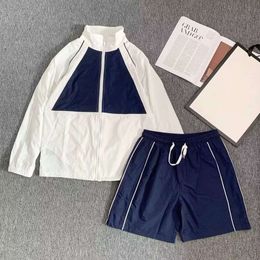 Traje deportivo azul y blanco, pantalones cortos unisex de talla grande, cortavientos con cremallera, estampado de cuello, FZ0306220