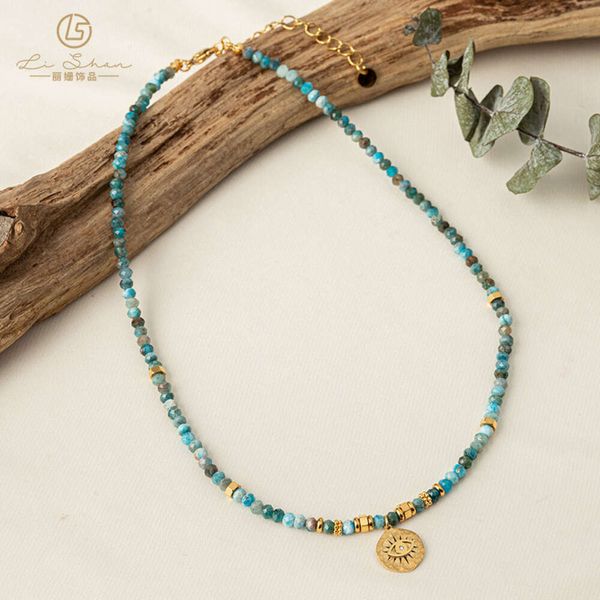 Collier de perles en Apatite bleue, pendentif oeil d'ange du diable, collier Turquoise naturel, chaîne