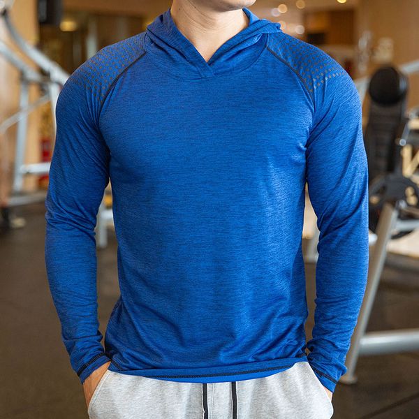 Bleu automne Gym respirant hommes décontracté à manches longues Slim hauts t-shirts élastique sport Fitness séchage rapide à capuche t-shirt