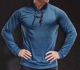 Bleu automne hiver épais course homme hommes à manches longues à capuche Gym T-shirt Fitness entraînement T-shirt séchage rapide respirant sport
