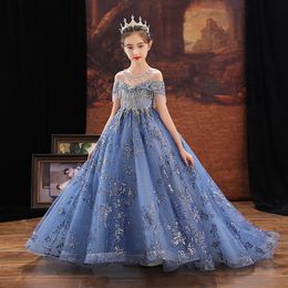 Robe De Bal Bleue Perles Robes De Fille De Fleur Pour Le Mariage Appliqued Pageant Robes Bébé Long Train Tulle Perlé Cristal Première Princesse Communion Robe D'anniversaire