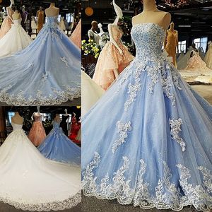 Blauwe baljurk prinses kleurrijke trouwjurken strapless korset rug vrouwen moderne niet-witte bruidsjurken gekleurde hemel blauwe bruidsjurk
