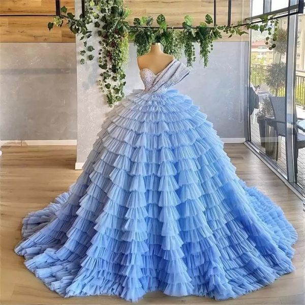 Robe de bal bleue quinceanera robes 2022 volants de luxe une épaule décolleté tulle sur mesure princesse douce 16 pageant vêtements de cérémonie corset vestidos