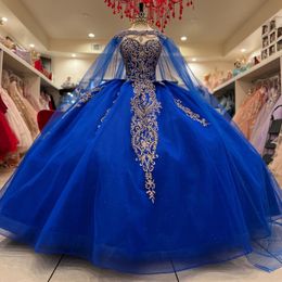 Vestido de baile azul, vestidos de quinceañera con capa, capa, tren de catedral, apliques de encaje, corsé Floral de Tull, vestidos de xv 15 anos