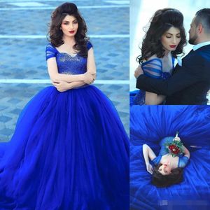 Blue Ballgown Royal Robes Robes Cap Sleeves TULLE PERLUE COMMEET COMMECE COMMANDE CUST CUST