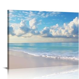 Blue Beach Sun Ocean Landscape Canvas Prints Modern uitgerekte en ingelijste zeegezzels 1 Paneel Giclee Prints Prachtige Wall Art voor woonkamer en slaapkamerdecoratie