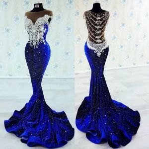 Blue Beaded Mermaid Backless Evening Dresses Sheer Bateau Neck Sequined Velvet Prom Gowns Sexy Sweep Train Appliqued Formal Dress