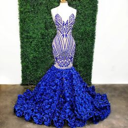 Blue Beaded Mermaid Prom Dresses V Neck Rhinestones Evening Gowns Plus Size Ruffled Sweep Train Formal Dress