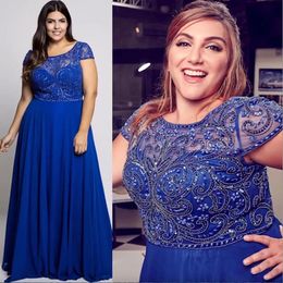 Blauw kralen prachtige plus size avondjurken pure bateau nek een lijn prom jurken goedkope vloerlengte chiffon formele jurk