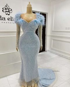 Blauwe kralen pailletten zeemeermin prom jurken elegante lange mouwen avondjurken 2021 vrouwen formele feestjurk 0521