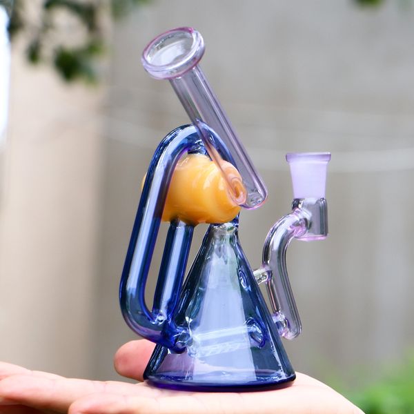 Vaso de precipitados azul Plataforma de vidrio Cachimba Bong de vidrio Reciclador de hojaldre Fumar Tubos dobles doblados Mini aceite Dab Rig Filtro de burbuja en línea Tubos de agua Perc Shisha 14 mm Tazón conjunto al por mayor