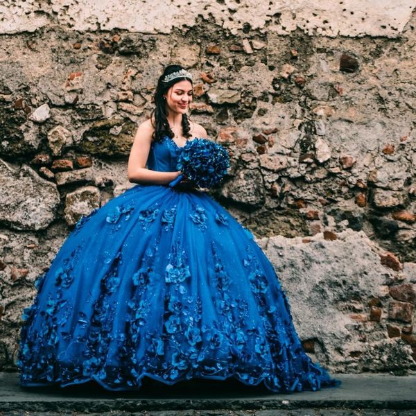 Bleu Bling Sequin Sweet 16 Robes De Quinceanera avec 3DFlower Applique Perles Robe Corset Robes De 15 Anos Mascarade xv Robe