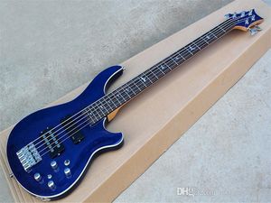 Guitare basse électrique 5 cordes à corps bleu avec matériel chromé, manche à travers le corps, peut être personnalisée