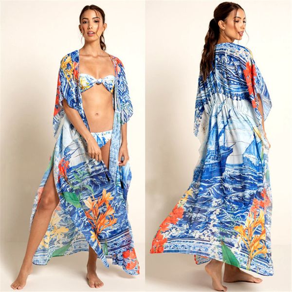 Azul Boho Impreso Bikini Cover-ups Kimono largo Cardigan Túnica de algodón Tallas grandes Mujer Verano Ropa de playa Traje de baño Cubrir Q1059 210420