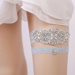 Garters de novia azul Cristales Pearls para la novia Garters de boda Tamaño del cinturón Gratis de 15 a 23 pulgadas Garters de pierna de boda Imagen real