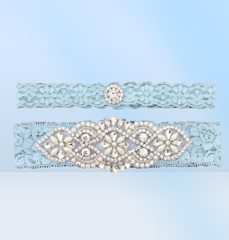 Blue Bridal Carters Crystals Pearls for Bride Lace Garters Size Size من 15 إلى 23 بوصة.