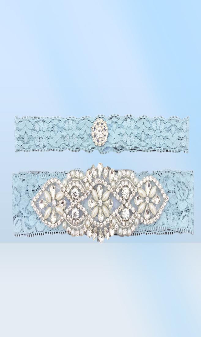 Garteurs de mariée bleus cristaux Perles pour la mariée en dentelle de mariage Garters Taille de la ceinture de 15 à 23 pouces