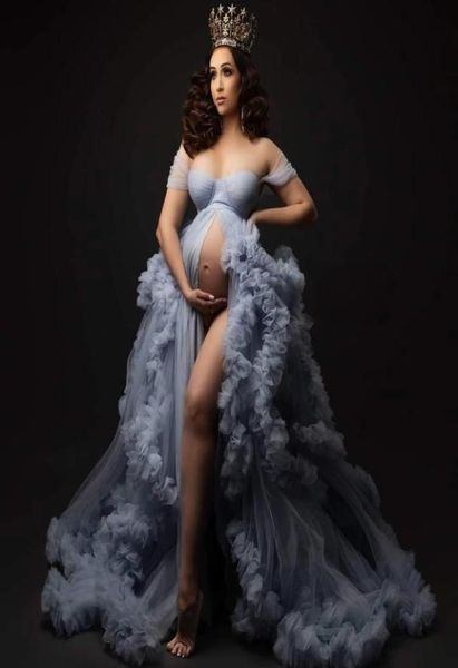 Blue Bride Tulle Prom Robes maternité Robe pour Poshoot Extra Ruffled Robes Maternity Clothing Front Split Babyshower Custom M6655239