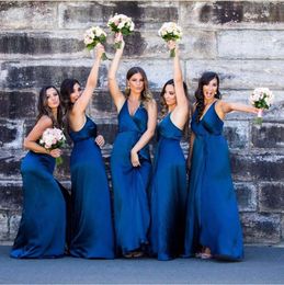 Blauwe bruidsmeisje koninklijke jurken spaghetti riemen zijden chiffon vloer lengte zomer strand trouwfeest formele slijtage bruidsmeisje jurk 403
