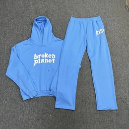 Bleu BROKEN PLANET décontracté sweat à capuche en coton pour hommes femme qualité lettre motif sweats à capuche Allmatch Streetwear 240115