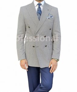 Bleu Marron Blazer Pantalon Petit Poule Checker Hommes Costume Ensembles Manteau Bleu Pantalon Custome Grille 2Pcs Veste Pantalon De Mariage Porter Z01G #