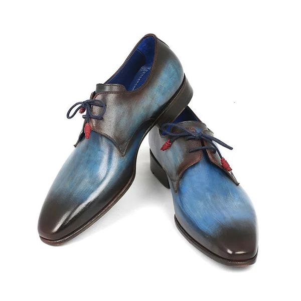 Zapatos de hombres pintados a mano marrón azul de color a mano genuina cuero puntiagudo de cuero puntiagudo en zapatos de vestir de fiesta causal diariamente zapatos Derby 240402